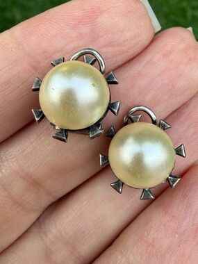 Vintage VID Signed Faux Pearl Crown Spike Clip On Earrings Mid Century Modern 50